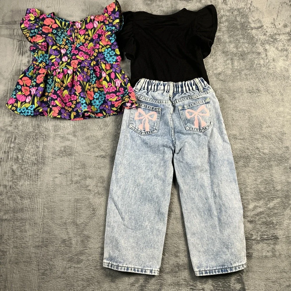 Shein Blouse Set Girls 5Y Multi Floral Butterfly Sleeve Straight Jeans Lot Of 3